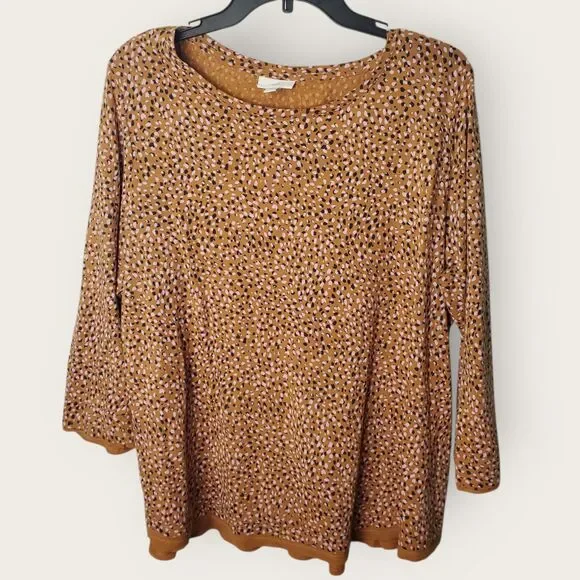 J. Jill Polka Dot Scoop Neck 3/4 Sleeve Shirt Tan Pink Black Size Large - Picture 2 of 8